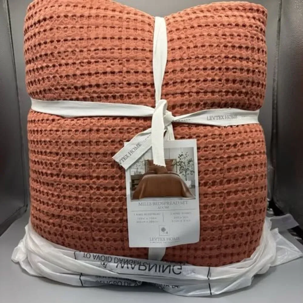 KING 3 Piece Levtex Home Mills Waffle Adobe Bedspread Set